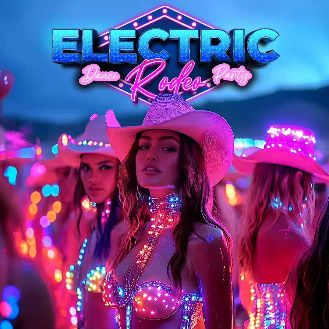 Event flyer with women wearing neon colors and cow girl hats